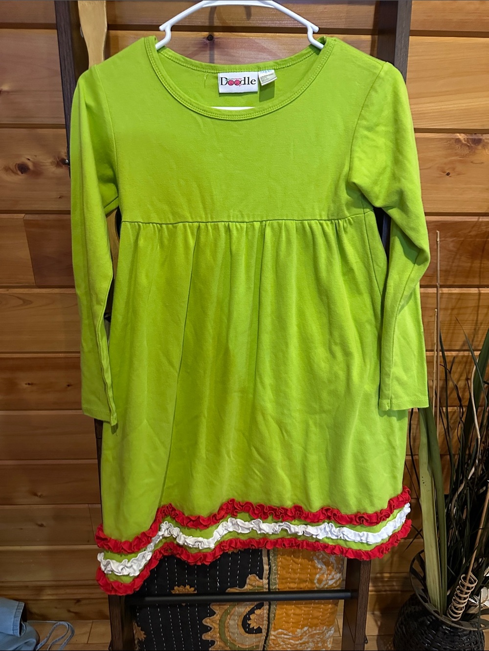 Lolly Wolly Doodle Lime Green Long Sleeve Dress with Red & White Ruffle Hem